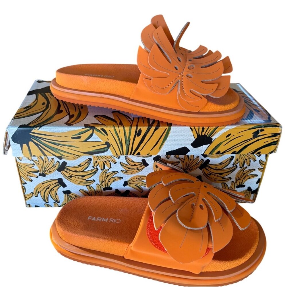 Farm Rio Monstera Anatomic Slide Sandals Orange Size 7 New In Box - Picture 10 of 11